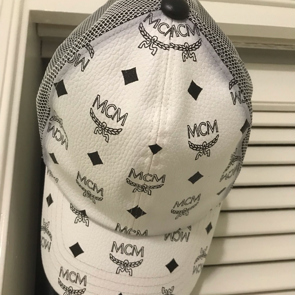 Authentic White MCM hat with adjustable snap back
